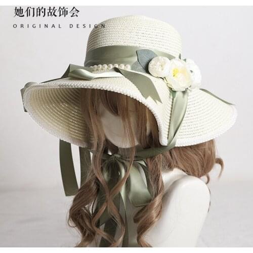 French Lolita Sweet Girl Big Brim Straw Hat Flower Bowknot Sunshade Hat Elegant Gentle Bonnet Summer Adult Women Flat hat Chic