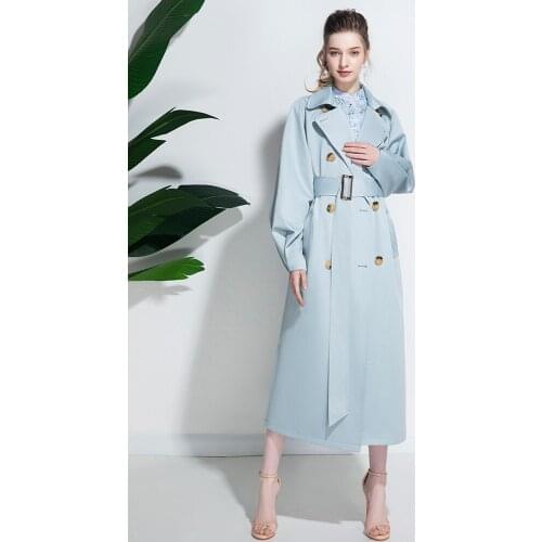 2021 new loose blue windbreaker womens medium long thin fashion temperament goddess coat womens Lapel spring and Autumn