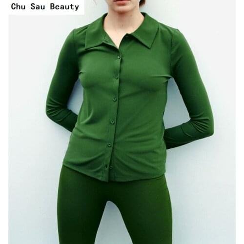 Chu Sau Beauty 2021 New Womens Lapel Green Shirt Fall Retro Single-breasted Slim Office Long Sleeve Casual Top