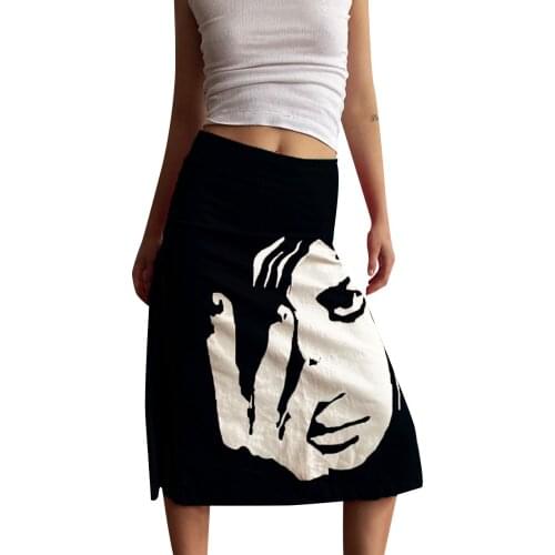 Womens A-line Long Skirt Human Face Print Stylish High Waist Casual Skirt Zipper Ladies Long Skirt Streetwear