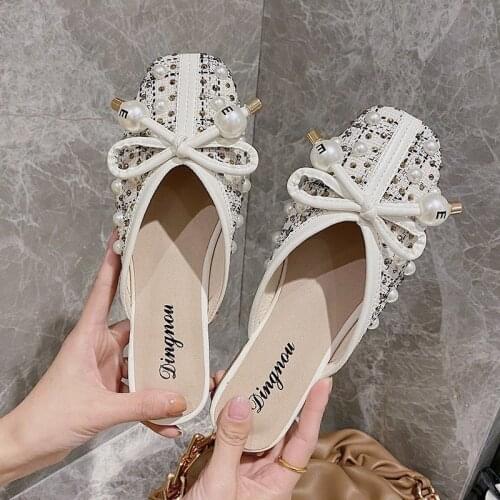 Baotou Slippers Women Square Head Slippers Women Summer Wear Net Red Rhinestone Sandals Women New Low-Heeled Flat Bottom