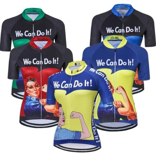 Womens Cycling Jerseys "WE CAN DO IT" Bike Team mtb Shirts Short Sleeve Bicycle Clothes Breathable Quick Dry S-3XL