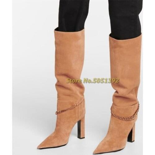 Suede Knee High Boots Metal Chain Decor Pointed Toe 2021 New Arrivals Winter Runway Women Boots Slip On Ladies Boots
