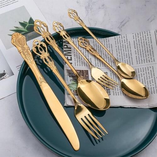 1pc Vintage Western Gold Plated Cutlery Dining Knife Fork Teaspoon Golden Luxury Dinnerware Engraving Tableware Utensils Set