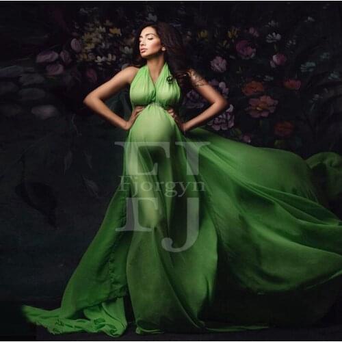 2021 New Fashion Green Chiffon Maternity Robes Halter Custom Made Pregnant Women Summer Dress for Photo Shoot Formal Dress
