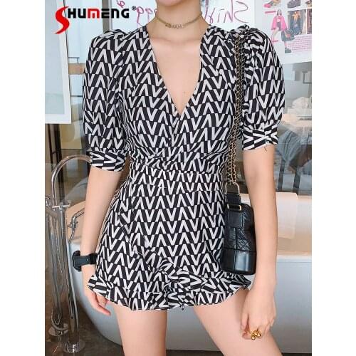 2021 Summer Sexy High Waist Thin Printed Straight Jumpsuit French Style V-neck Chiffon Rompers Womens Shorts Playsuit for Women