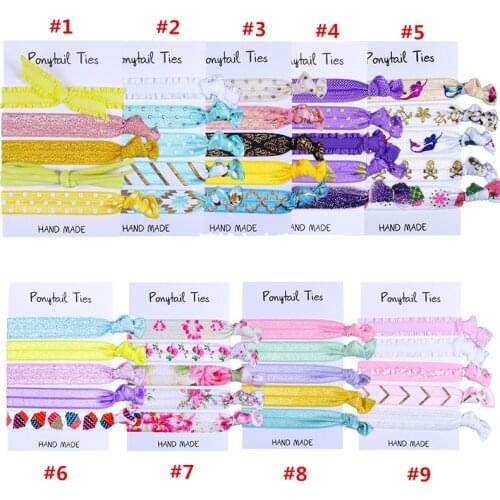 30 card/ lot , 5/8" FOE TIES printed Knotted Girl FOE Hair Ties Fold Over Elastic Hair Accessories