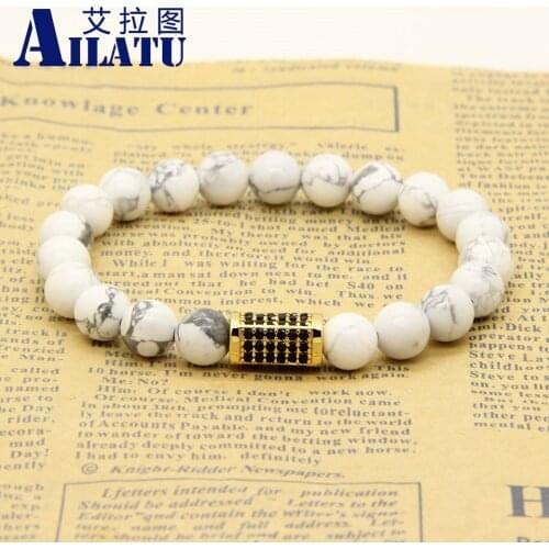Ailatu Powerful Jewelry Wholesale 8mm White Howlite Marble Beads with Exquisite Micro Inlay Black Cz Rectangle Bracelet
