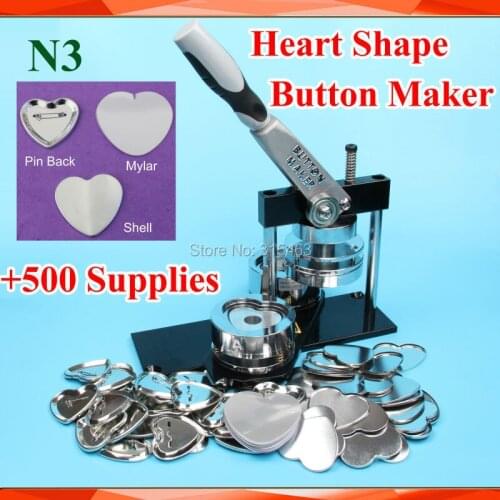 Free Shippping N3 Heart Shape 57x52mm Badge Button Maker Machine with Interchangeable Die Mould +500 Sets Metal Pinback Supply