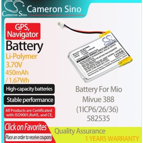 CameronSino Battery for Mio Mivue 388 fits Mio (1ICP6/26/36) 582535 GPS,Navigator battery 450mAh/1.67Wh 3.70V Li-Polymer White