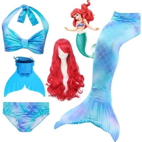 Kids Ariel Little Mermaid Tail with Monofin Swimmable Costume Cosplay Wig Swimming Wear Flipper Swimsuit Girls Shorts Bikini Bra