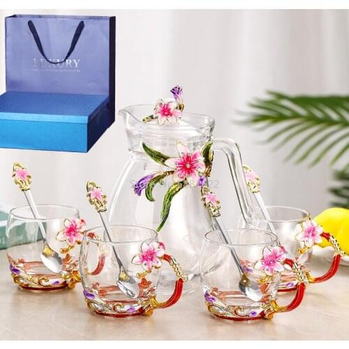 Enamel Flower Decoration Glass Cup with Spoon Kettle Set Household Coffee Cup Wedding Banquet Supplies Gifts
