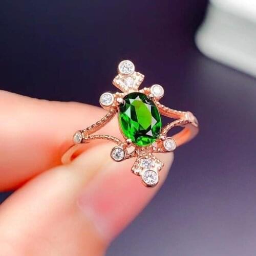 Natural diopside ring, 925 silver, crystal clear, dark green, luxurious style