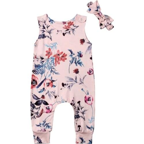 Newborn Baby Girl Clothes Floral Printed Sleeveless Romper Jumpsuit Headband Outfits Baby Summer Clothing Set 0-24M