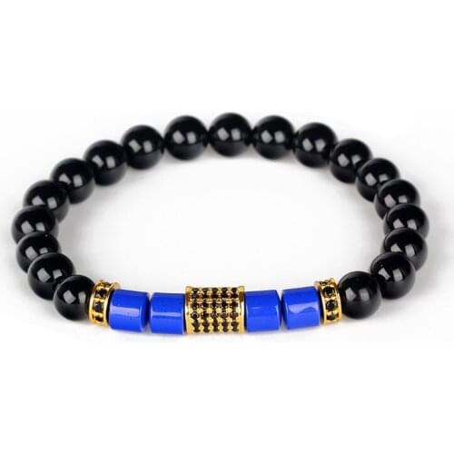 Royal Blue Dark Blue Cylinder Bead With Black Onyx Pave Cz Spacer Chunky Tube Charm Standard Beaded Bracelet For Man