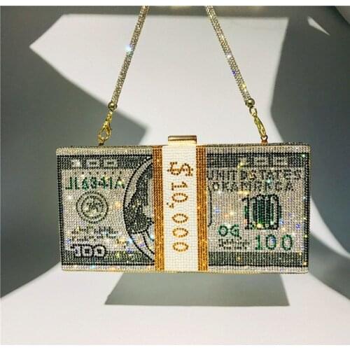 Creative Fashion New Money Clutch Rhinestone Purse 10000 Dollars Stack Bags of Cash Evening Handbags Shoulder Wedding Dinner Bag