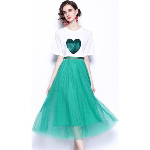 Summer Casual 2 Piece Set Women Simple Sequin Love White Loose T-Shirt+Elastic Waist Green Mesh Long Skirt Suits Outfits Female