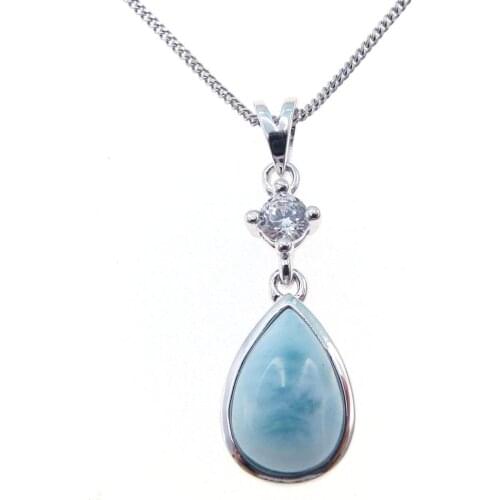 Hot Selling Solid 925 Sterling Silver Pear Natural Dominica Larimar Dangle Drop Pendant Necklace For Gift