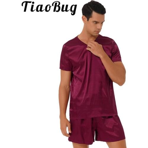 Oversized Sleepwear Men Satin 2 Piece Pajama Set Lounge Casual Home Clothes V Neck Short Sleeve Shirt Top Sleep Bottoms Shorts