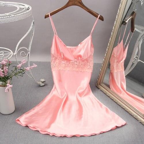 Summer Womens Nightdress Silk Like Home Wear Sexy Slit Nightgowns Solid Lace Sling Nightwear Lingerie Sleeping Dress Sleepwear
