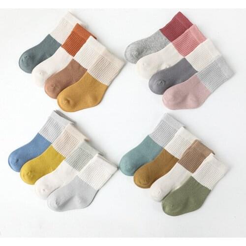4 Pairs Boys Sock Cotton Childrens Socks For Kids Two-Color Stitching Fashion Knitted Baby Socks Girls Keep Warm Casual Socks