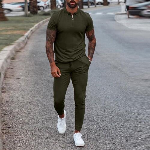 2021 New European American Mens Casual Lapel Zipper Solid Color Suit Short-Sleeved Trousers Two-Piece Tracksuit