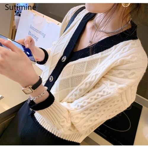 2021 Autumn and Winter New Style Hong Kong Style Retro V-neck Blouse Loose Knit Cardigan Jacket Cropped Cardigan Woman Sweaters