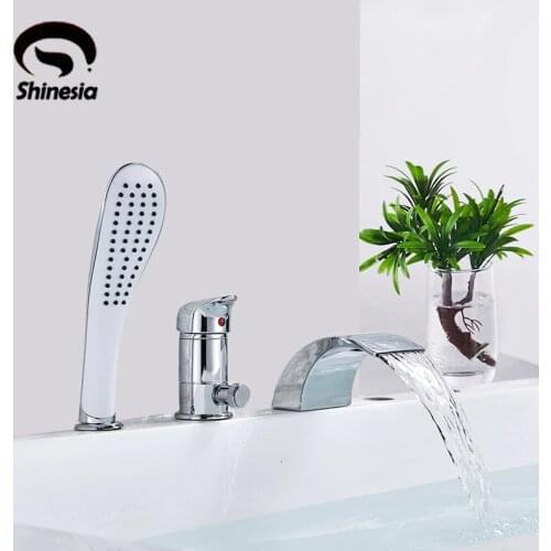 New Arrival Contemporary Chrome Finish Bathroom Tub Faucet Set W/ ABS Handheld Shower 3Pcs Mixer Tap Bathtub Faucet Deck Mounted