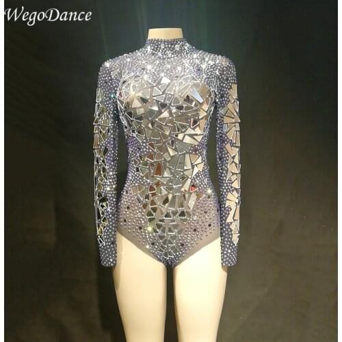 New sexy Sparkly Gold Rhinestones Mirrors Shining Bodysuit Women Birthday Celebrate Outfit DJ Singer Show Dance Stretch costumes