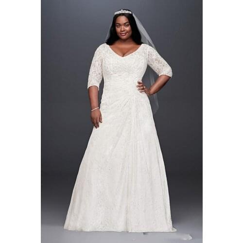 Newly Design A-Line Scoop Neckline Plus Size Lace Wedding Dress Sweep Train Half Sleeves Corset Back Bridal Gowns
