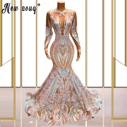 Long Sleeves Sequined Prom Dress for Black Girls African Mermaid Formal Evening Gowns Plus Size See Through Graduation Dresses