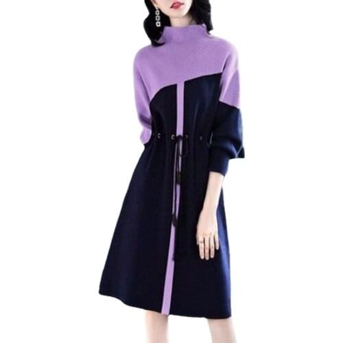 Autumn Winter Lantern Sleeve Turtleneck Knitted Dresses Patchwork Female Sweater Dress Loose Casual Long Sleeve Women Dresses