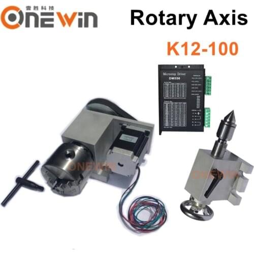 4 Axis Rotation A Axis Extend Rotary 4 Jaw 100mm K12-100 Chuck with Nema23 Motor driver with MT2 Tailstock for cnc machine