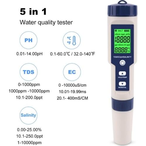 Professional Digital Water Tester 5 In 1 PH/TDS/EC/Salinity/Temperature Tester Pen Waterproof Multi-Function Meter
