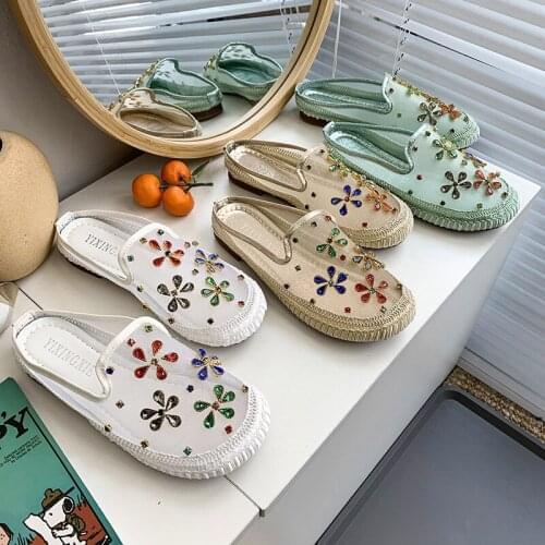 Fashion Mules Sandals Translucent Pearl Flowers Leisure Loafers Summer Flat Slippers For Women（Size 35-40