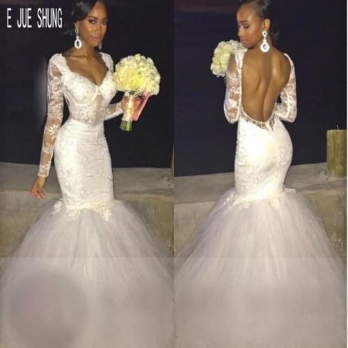 E JUE SHUNG Vintage Mermaid Wedding Dresses Square Neck Illusion Long Sleeves Sexy Backless African Wedding Gowns robe de mariee