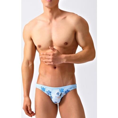 WD291 Mesh Blue Floral Sexy Men Swimwear Bikinis Swimming Trunks For Man Swimsuit Bathing Suits Beach Shorts Small Size