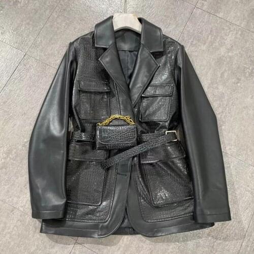 Women Coat Spring Regular Length 2021 New Arrival Genuine Leather Jacket Spliced Crocodile Skin Clothes Pocket Decoration