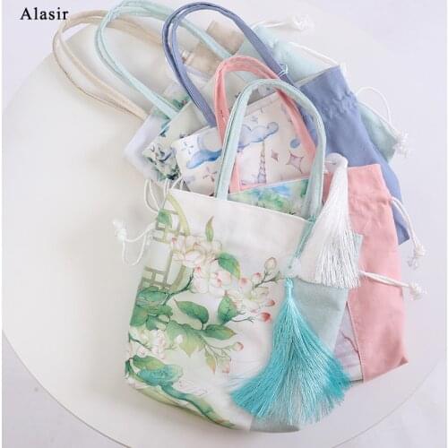 Alasir Summer Mini Shoulder Bags Retro Chinese Style Women Hanfu Handbags Artsy Drawstring Bags Tassel Small Canvas Bag