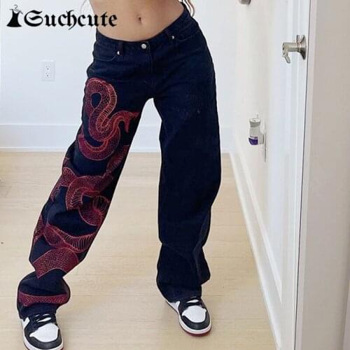 SUCHCUTE Dragon Print Baggy Jeans Women Low Waist Casual Fashion Harem Pants Harajuku Streetwear Denim Trousers Gothic Punk 2021