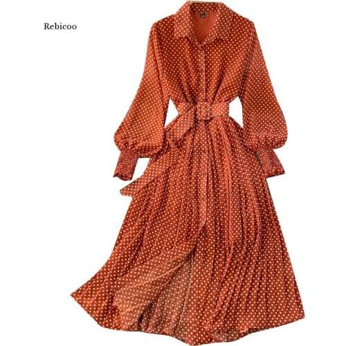 Ladies French Vintage Maxi Dress Sundress Long Sleeve Polka Dot Chiffon Pleated Dresses Femme Robe Spring and Summer New