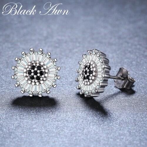 Romantic Birthday Present 925 Sterling Silver Jewelry Engagement Round Stud Earrings for Women Black Spinel Female Earring I013