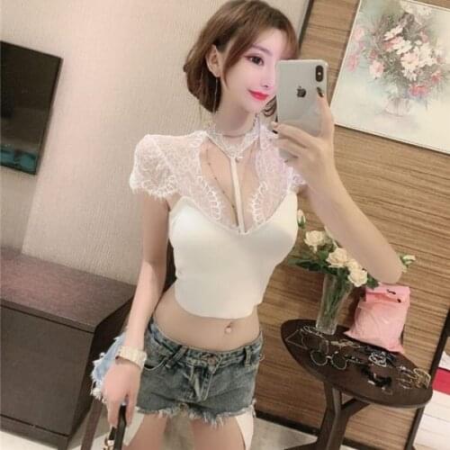 Women Tanks Tops Summer Womens Lace Patchwork Knitting V-neck Halter Sheer Top Camis Crop Top For Women