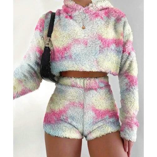 Fashion Autmn Winter Two Piece Set Women Fleece Long Sleeve Hooded Sweatshrit Crop Top Short set Fall 2 Piece set streetwear