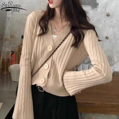 2021 Korean Style Long Sleeve Womens Cardigans Autumn New Single Breasted V-neck Knitwear Loose Solid Short Cardigan 11639