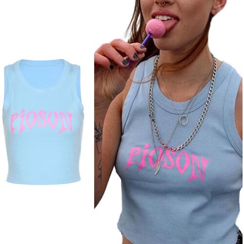 2021 New Women Sleeveless Crop Top, Adults Summer Slim Fit Letter Print Round Neck Tank Top