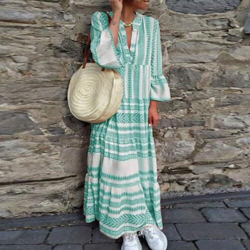 Autumn Women Boho Dress Beach Wear Printed V Neck Long Sleeves Party Dress Bohemian Casual Long Dresses