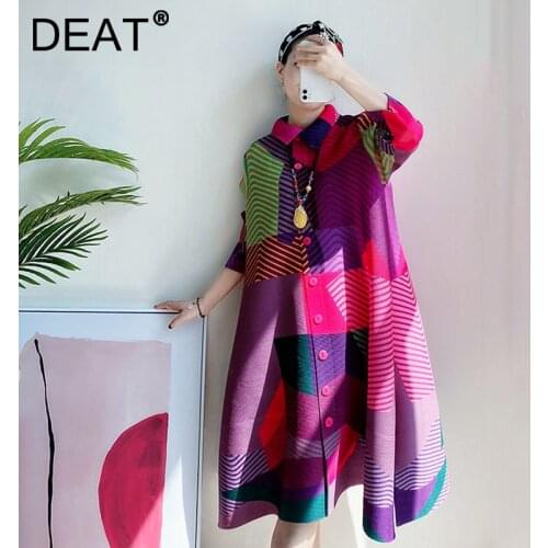 DEAT Woman Midi Pleated Dress Hit Color Stripe Print Lapel Collar Full Sleeve Loose Elastic Casual Style 2021 New Summer 15XF946
