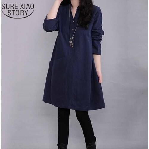 2021 Spring Casual A-line Dress for Women Linen Cotton Long Sleeve Dress Mid-length Loose Solid Button Splicing Robe Femme 12676