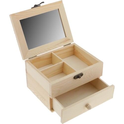 2 Tiers Plain Unpainted Wooden Jewelry Box Organizer Storage Container Unfinished Drawer Case DIY Crafts